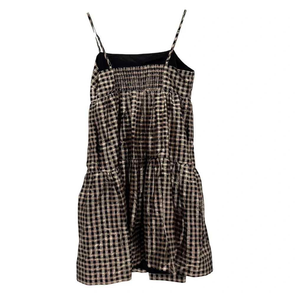 J. Crew Black Gold Lurex Metallic Gingham Tiered Mini Dress BM072 Size 4 NEW